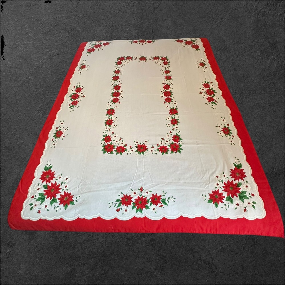 Vintage Christmas Tablecloth 78x60 Red White Poinsettia Print‎ Holiday Rectangle